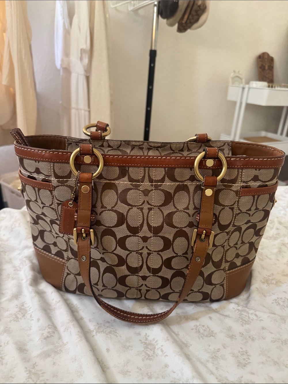 Authentic Coach Signature Monogram Brown Tote Bag with Leather Trim
